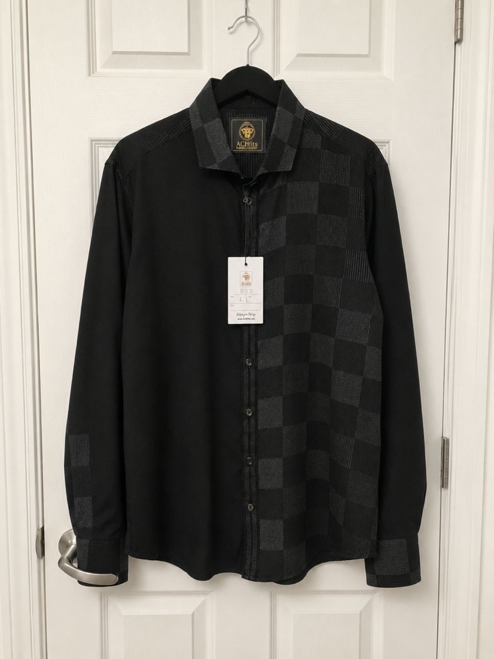)XL) European/Hawaii Aloha  Men High Quality Black Long Sleeve button up Shirt.